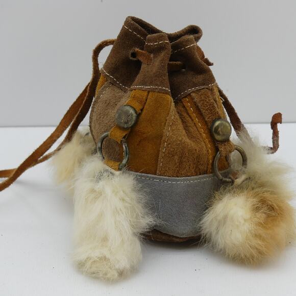 Handmade Handbags - Vintage Rare 1960s 70s Handmade Leather Pouch Bag Boho Fur Trim Drawstring Purse